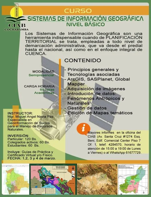 Curso SISTEMAS DE INFORMACIÓN GEOGRÁFICA, en Cochabamba, del 1 al 3/marzo.