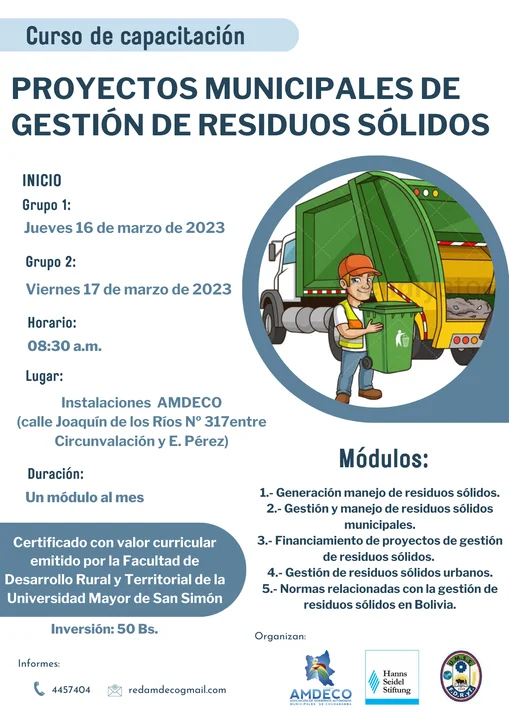 Curso PROYECTOS GESTIÓN DE RESIDUOS SÓLIDOS, en Cochabamba, el 16 y 17/marzo.
