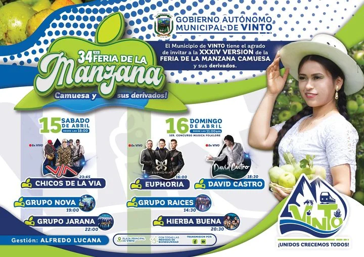 FERIA DE LA MANZANA CAMUESA Y SUS DERIVADOS, en Cochabamba, el 15/abril.