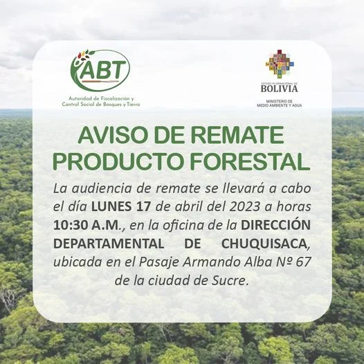 REMATE DE MADERA ASERRADA ESPECIE TUMI, en Chuquisaca, el 17/abril.