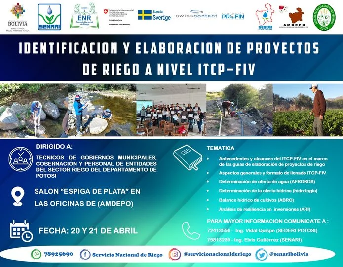 Taller PROYECTOS DE RIEGO A NIVEL DE ITCP-FIV, en Potosí, el 20 y 21/abril.