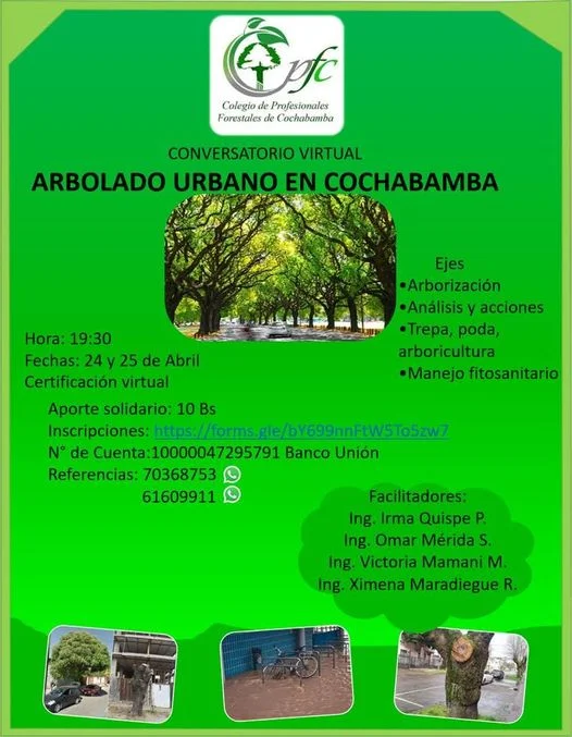 Conversatorio ARBOLADO URBANO EN COCHABAMBA, virtual, el 24 y 25/abril.