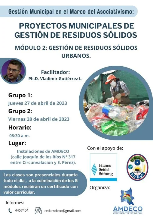 Curso PROYECTOS GESTIÓN RESIDUOS SÓLIDOS, en Cochabamba, el 27 y 28/abril.