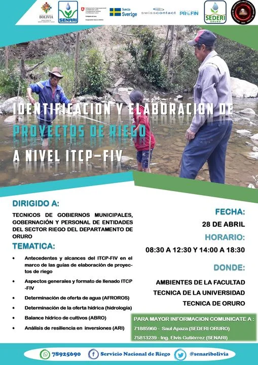 Taller PROYECTOS DE RIEGO A NIVEL DE ITCP-FIV, en Oruro, el 28/abril.