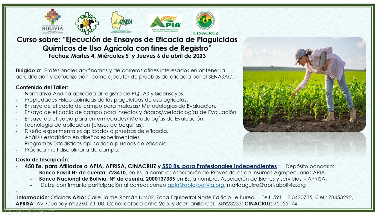 Curso ENSAYO DE EFICACIA DE PLAGUICIDAS QUÍMICOS DE USO AGRÍCOLA, en Santa Cruz, del 4 al 6/abril.