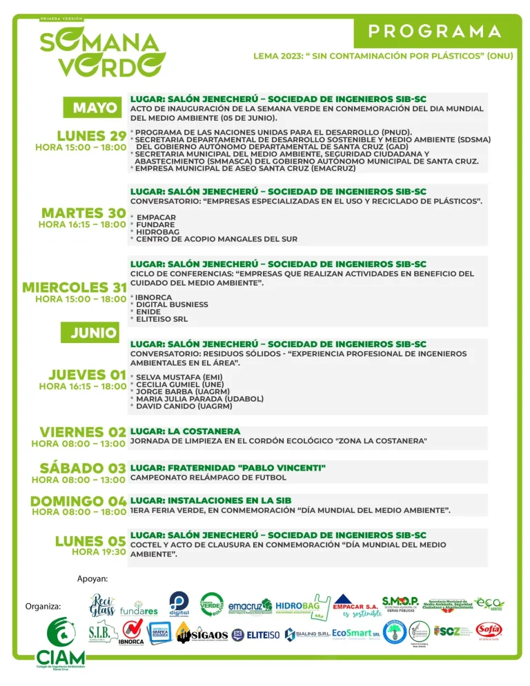 Jormadas SEMANA VERDE, en Santa Cruz, inicia el 29/mayo.