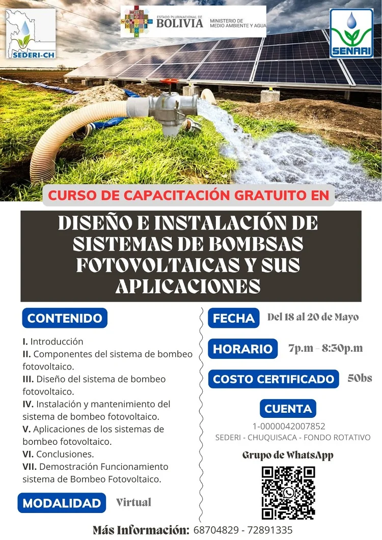 Curso BOMBAS FOTOVOLTAICAS, virtual, del 18 al 20/mayo.