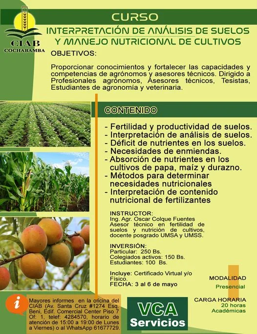 Curso ANÁLISIS SUELO Y NUTRICIÓN, en Cochabamba, del 3 al 6/mayo.