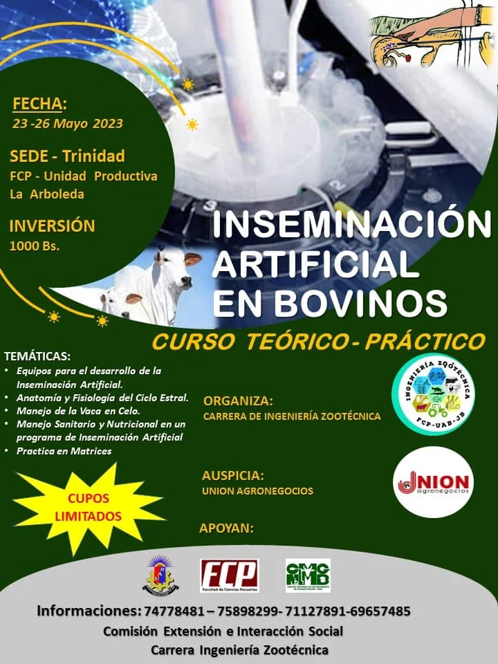 Curso INSEMINACIÓN ARTIFICIAL BOVINOS, en Beni, del 23 al 26/mayo.