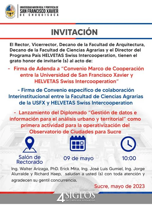 Invitación FIRMAS DE CONVENIO, en Chuquisaca, el 9/mayo.
