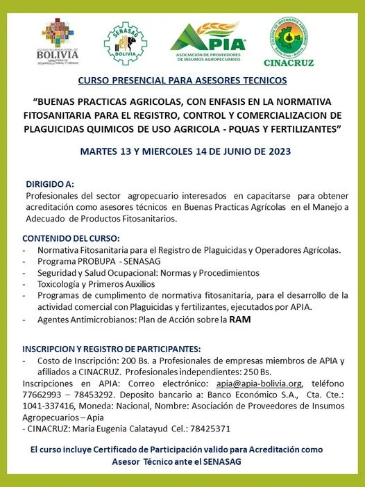 Curso BUENAS PRÁCTICAS AGRÍCOLAS, en Santa Cruz, el 13 y 14/junio.