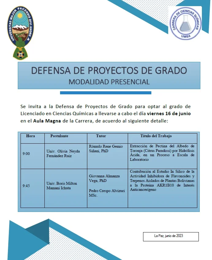 Defensa PROYECTOS DE GRADO, en La Paz, el 16/junio.
