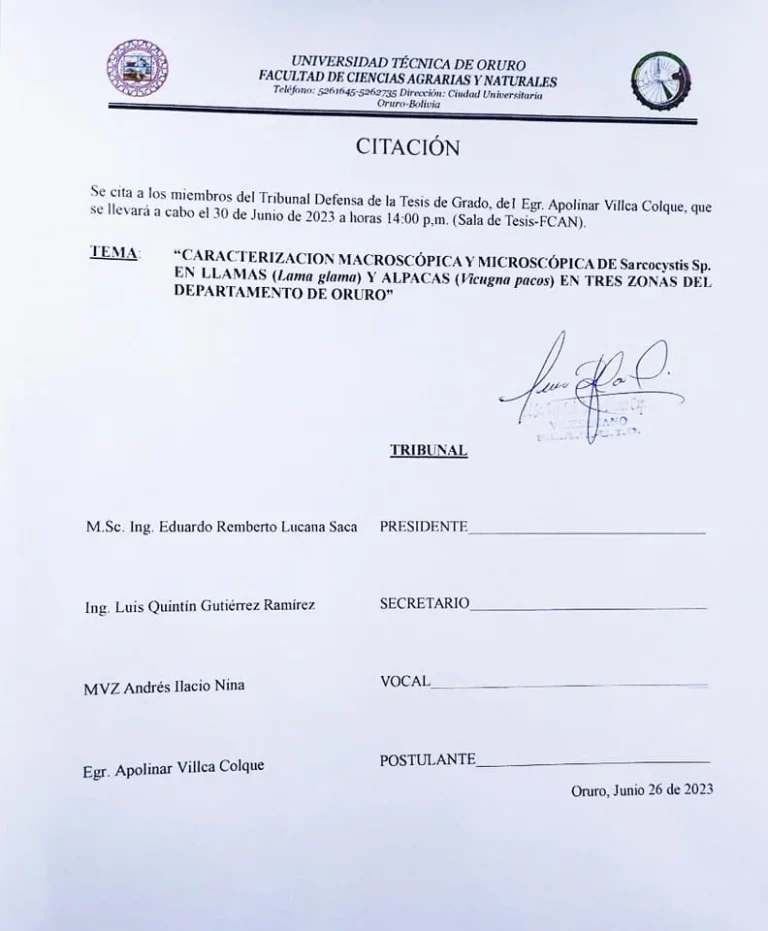 Defensa TESIS SARCOCYSTIS sp. EN LLAMAS, en Oruro, el 30/junio.