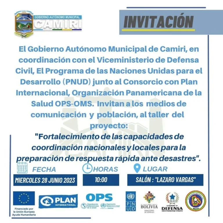 Taller GESTIÓN DE RIESGOS – REGIÓN CHACO, en Santa Cruz, el 28/junio.