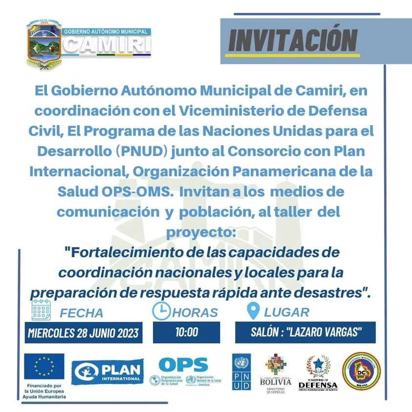 Taller GESTIÓN DE RIESGOS - REGIÓN CHACO, en Santa Cruz, el 28/junio.