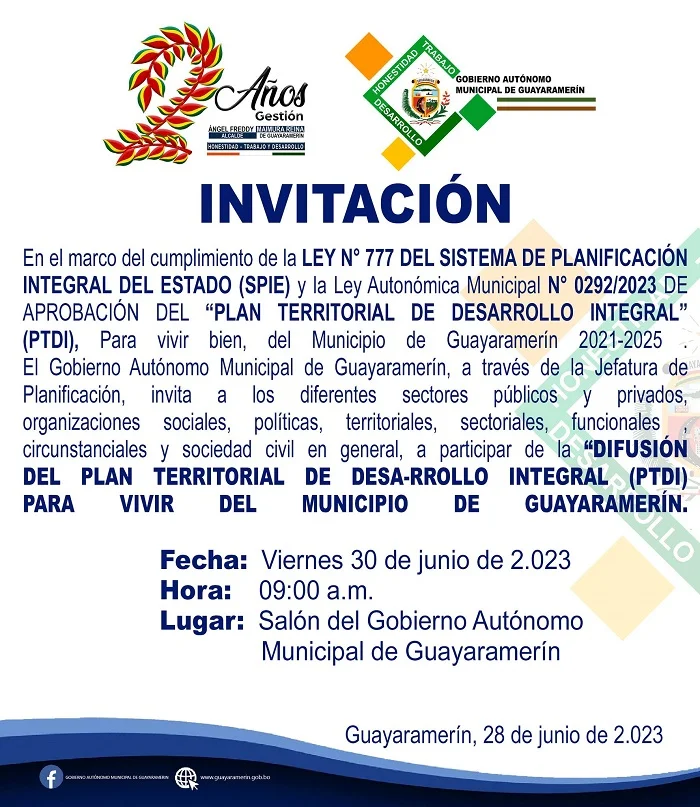 PLAN TERRITORIAL DESARROLLO INTEGRAL, en Beni, el 30/junio.
