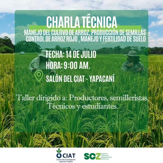 Charla MANEJO CULTIVO DE ARROZ, en Santa Cruz, el 14/julio.