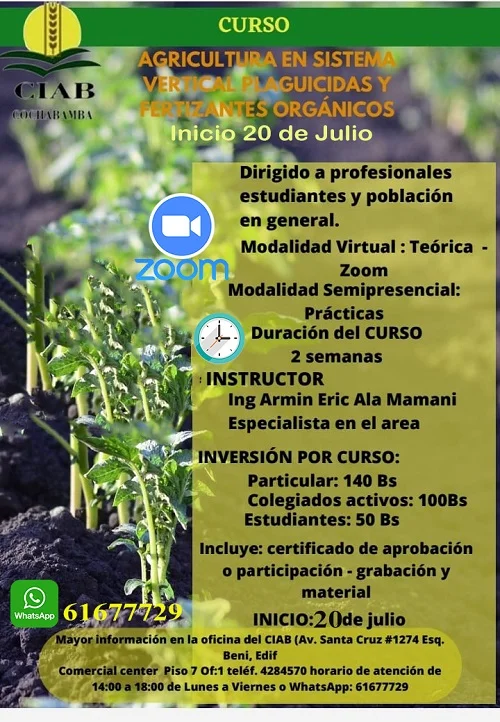 Curso AGRICULTURA EN SISTEMA VERTICAL, en Cochabamba, inicia el 20/julio.