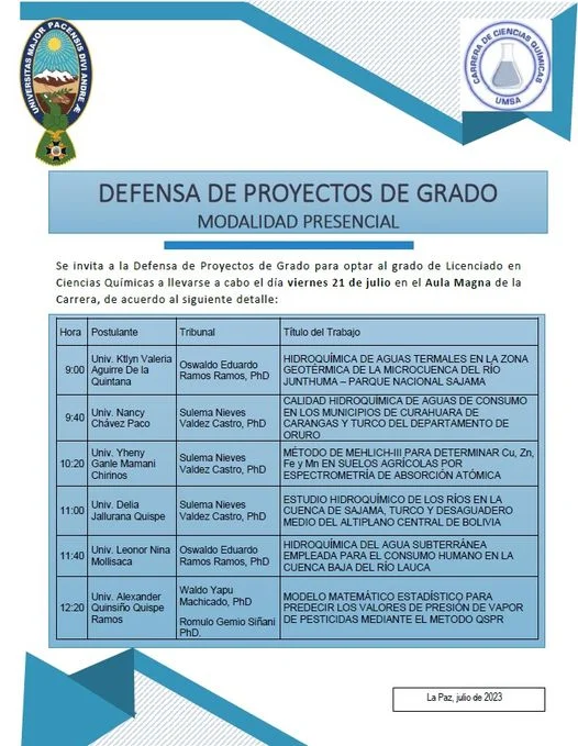 DEFENSA DE PROYECTOS DE GRADO, en La Paz, el 21/julio.