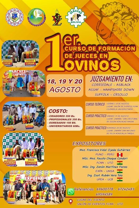 Curso FORMACIÓN JUECES EN OVINOS, en Oruro, 18 al 20/agosto.