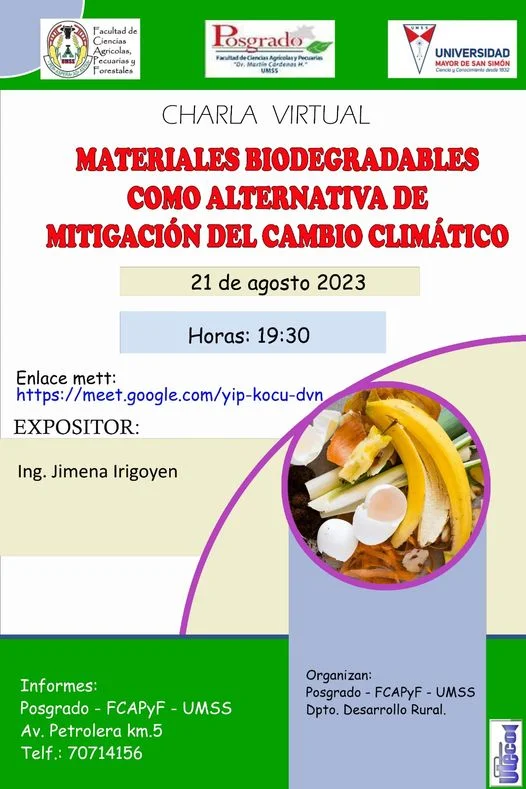 Charla MATERIALES BIODEGRADABLES, virtual, el 21/agosto.