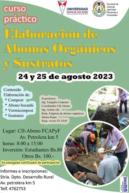 Curso ELABORACIÓN ABONOS ORGÁNICOS, en Cochabamba, el 24 y 25/agosto.