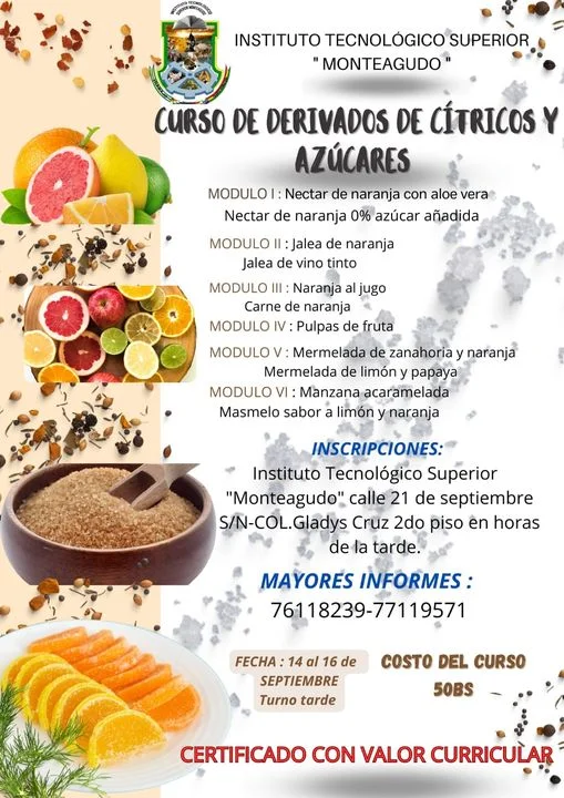 Curso DERIVADOS DE CÍTRICOS, en Chuquisaca, del 14 al 16/sept.
