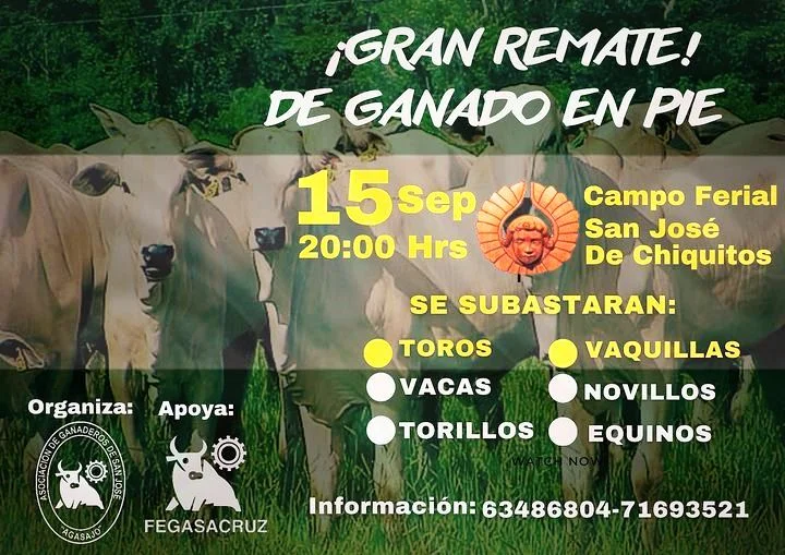 REMATE DE GANADO EN PIE, en Santa Cruz, el 15/sept.