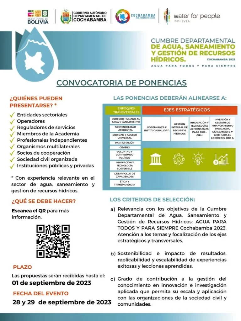 CUMBRE DEPARTAMENTAL DE AGUA, en Cochabamba, el 28 y 29/sept.