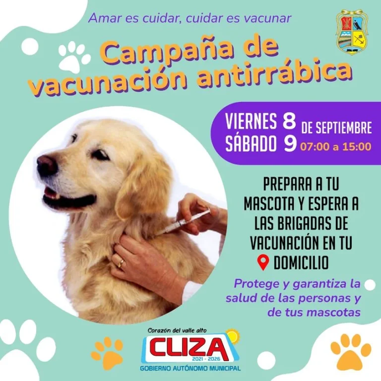 Campaña VACUNACIÓN ANTIRRÁBICA, en Cochabamba, el 8 y 9/sept.