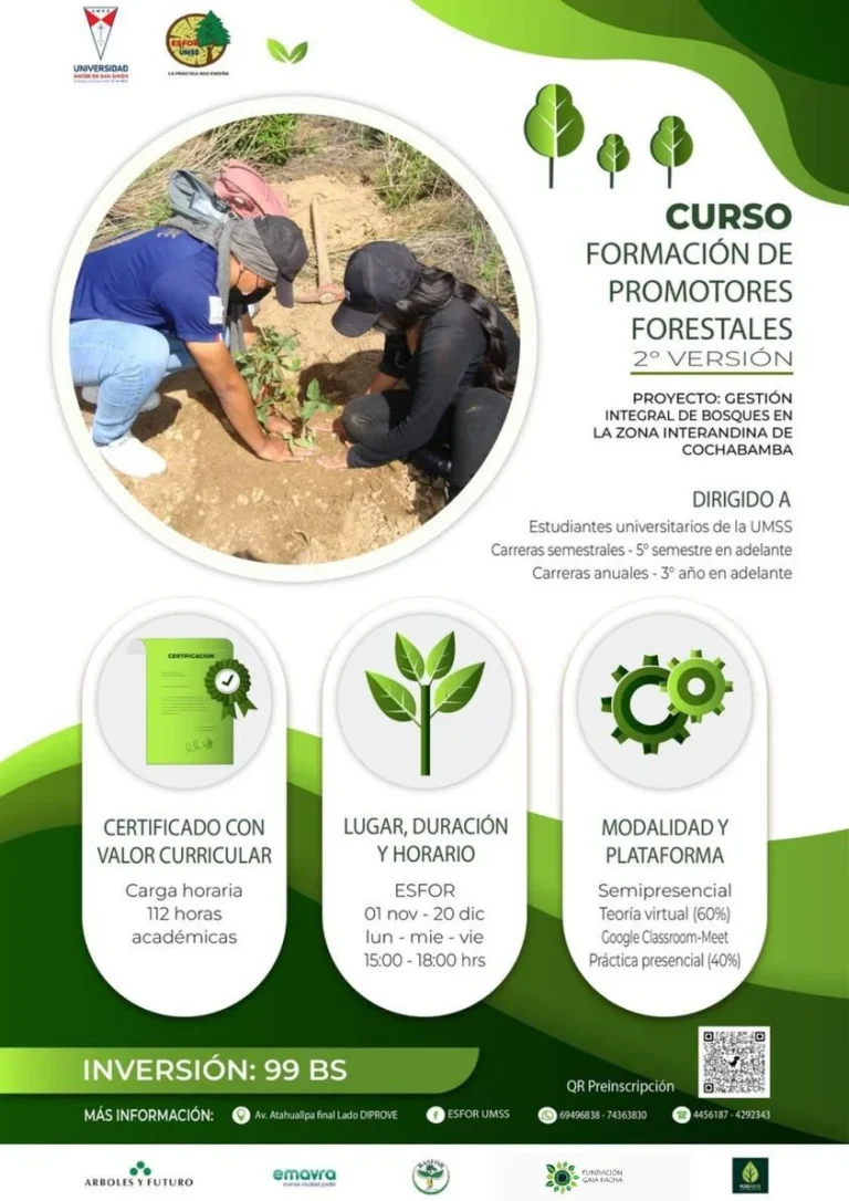 Curso FORMACIÓN PROMOTORES FORESTALES, en Cochabamba, inicia el 1/nov.