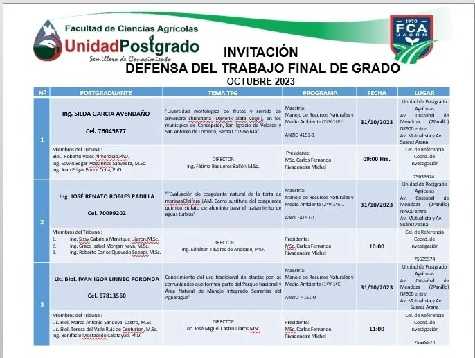 DEFENSAS DE TRABAJOS DE INVESTIGACIÓN, en Santa Cruz, el 31/octubre.