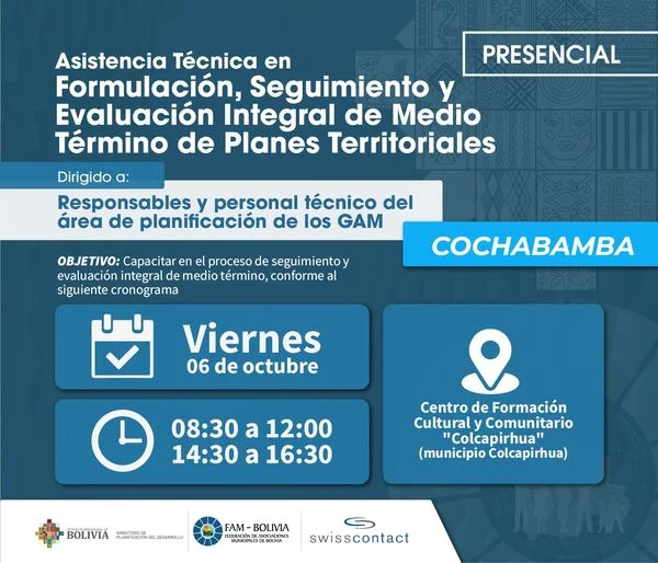 Asistencia técnica PLANES TERRITORIALES, en Cochabamba, el 6/octubre.