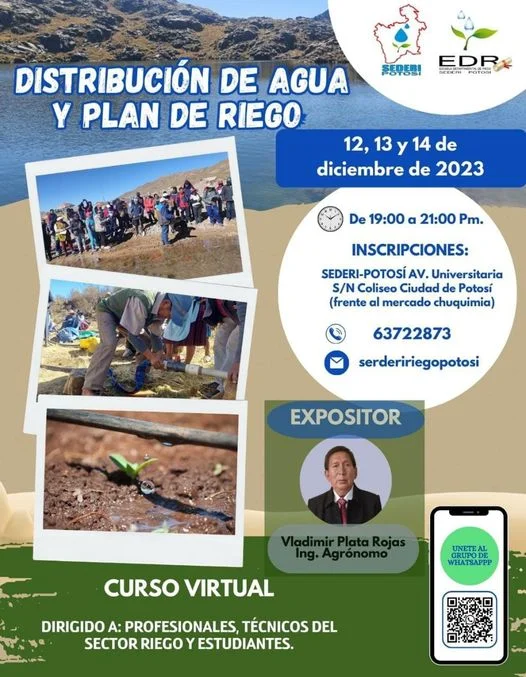 Curso DISTRIBUCIÓN DE AGUA Y PLAN DE RIEGO, virtual, del 12 al 14/dic.