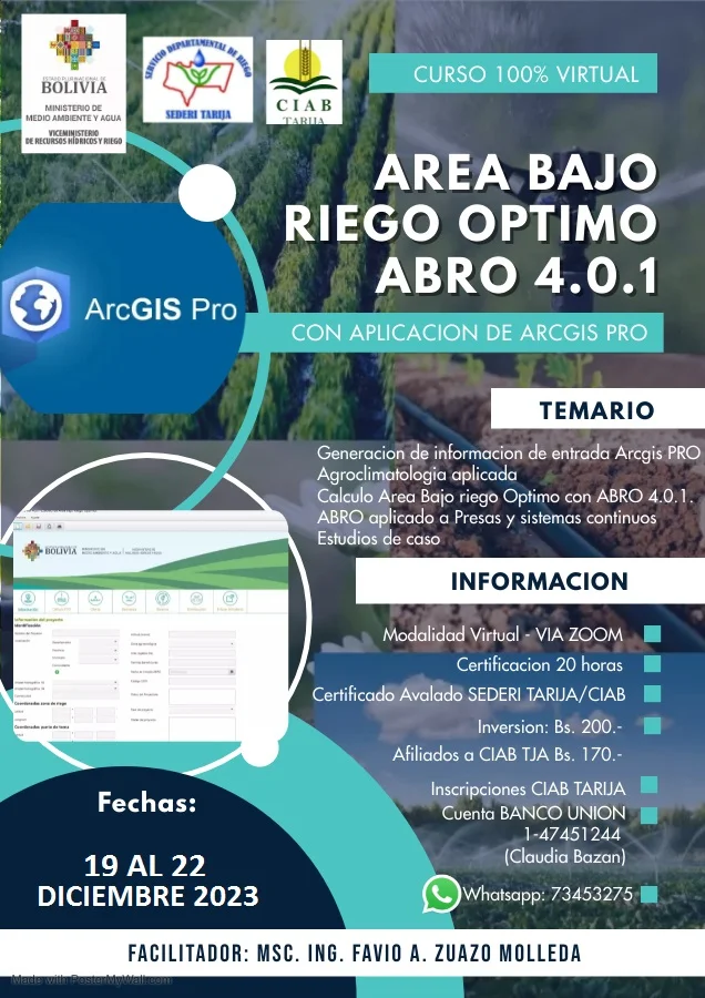 Curso ÁREA BAJO RIEGO ÓPTIMO ABRO 4.0.1., virtual, del 19 al 22/dic.