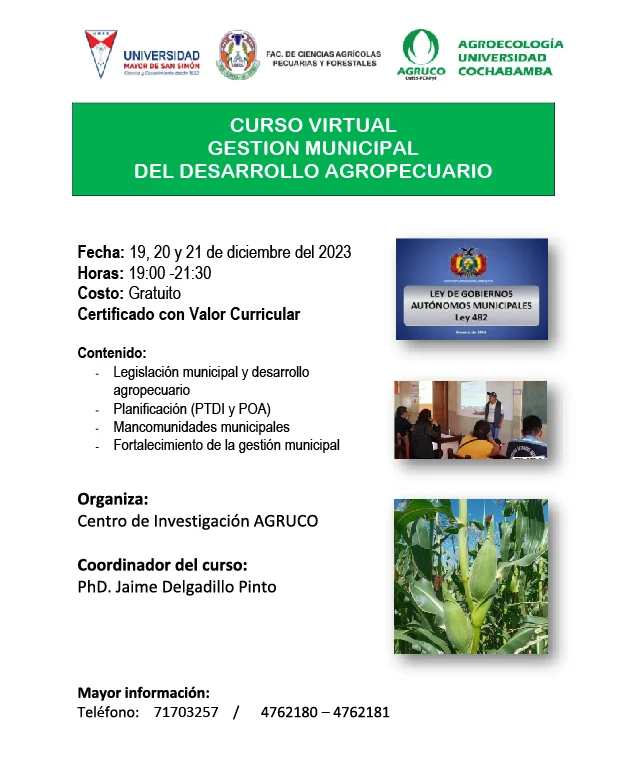 Curso GESTIÓN MUNICIPAL DEL DESARROLLO AGROPECUARIO, virtual, del 19 al 21/dic.
