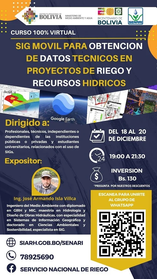 Curso SIG MOVIL PARA OBTENCIÓN DE DATOS TÉCNICOS EN PROYECTOS DE RIEGO, virtual, del 18 al 20/dic.