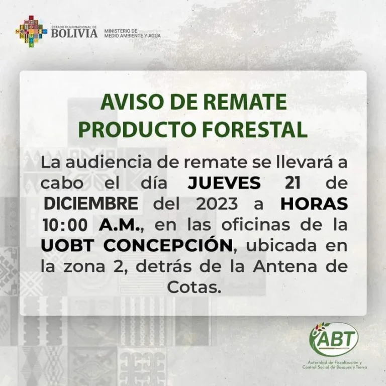 REMATE DE PRODUCTOS FORESTALES, en Santa Cruz, el 21/dic.