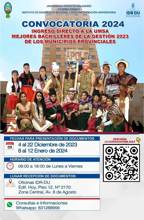 Convocatoria INGRESO DIRECTO A LA UMSA, en La Paz, del 4 al 22/dic.