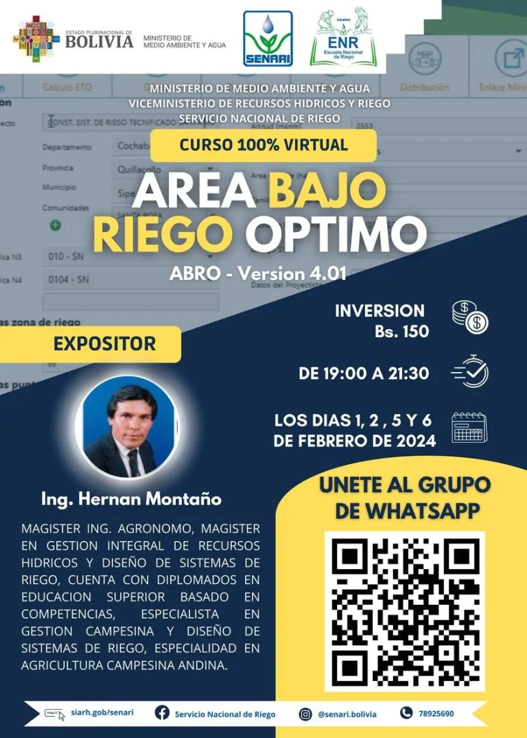 Curso ÁREA BAJO RIEGO OPTIMO ABRO – Versión 4.0.1, virtual, del 1 al 6-febrero