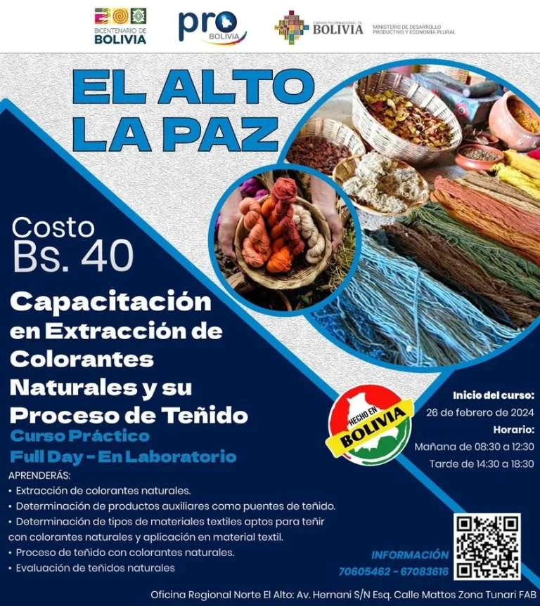 Capacitación en EXTRACCIÓN DE COLORANTES NATURALES Y SU PROCESO DE TEÑIDO, en La Paz, el 26-feb.