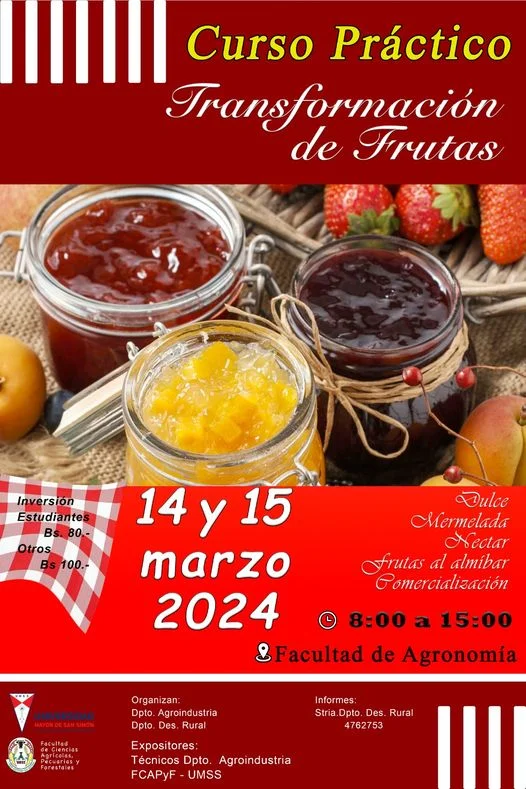 Curso TRANSFORMACIÓN DE FRUTOS, en Cochabamba, el 14 y 15-marzo