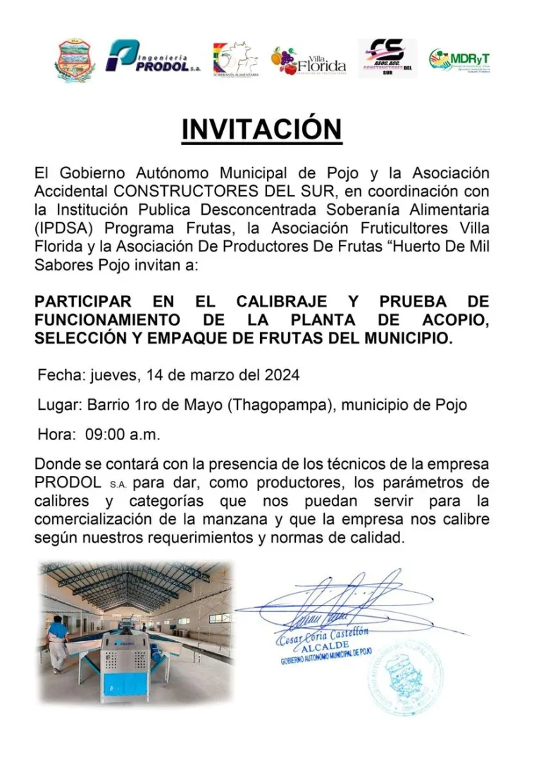 CALIBRAJE Y PRUEBA DE FUNCIONAMIENTO DE LA PLANTA – FRUTAS DEL MUNICIPIO, en La Paz, el 14-marzo