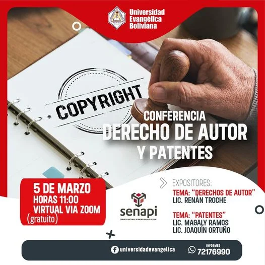 Conferencia DERECHO DE AUTOR Y PATENTES, en Santa Cruz, el 5-marzo