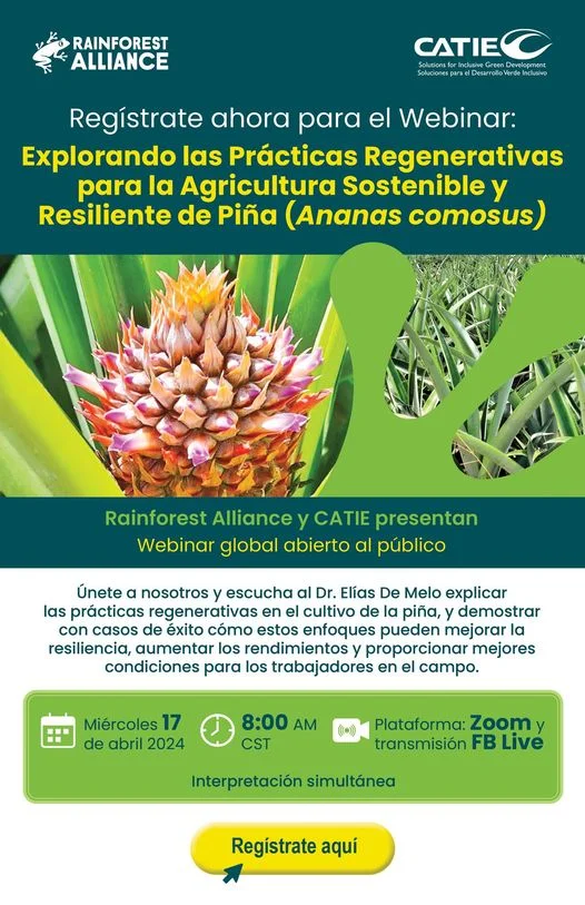 Seminario EXPLORANDO PRÁCTICAS REGENERATIVAS PARA EL CULTIVO DE PIÑA, virtual, el 17-abril