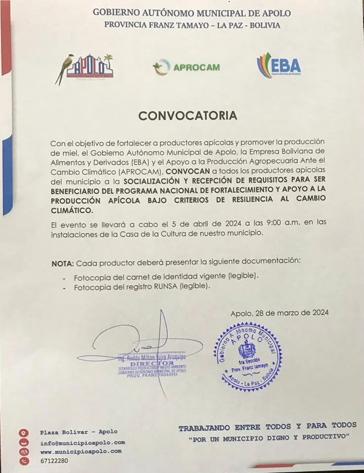 Socialización y recepción requisitos PROGRAMA DE PRODUCCIÓN APÍCOLA, en La Paz, el 6-abril