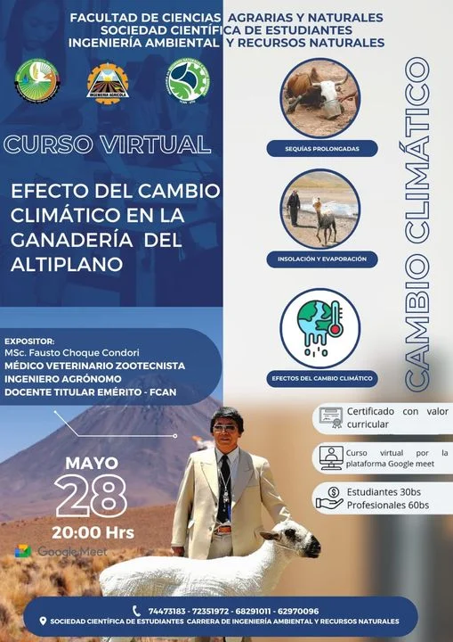 Curso EFECTO DEL CAMBIO CLIMÁTICO EN LA GANADERÍA DEL ALTIPLANO, virtual, el 28-mayo