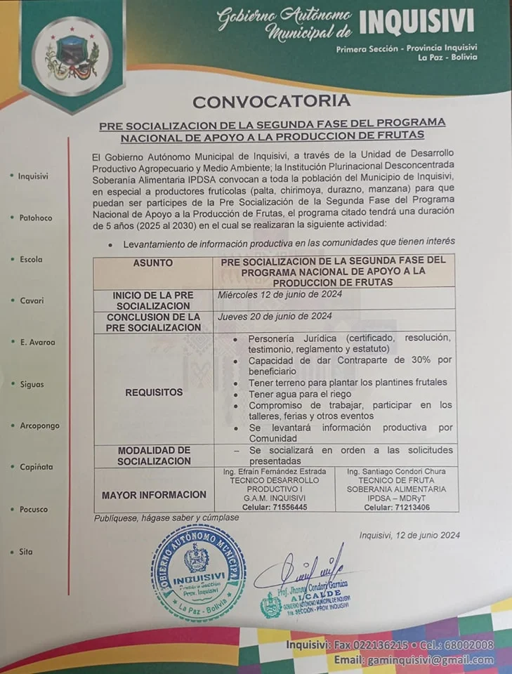 Socialización PROGRAMA NAL. APOYO A LA PRODUCCIÓN DE FRUTAS, en La Paz, del 12 al 20-junio