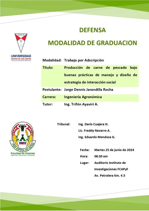 Defensa PRODUCCIÓN DE CARNE DE PESCADO, en Cochabamba, el 25-junio