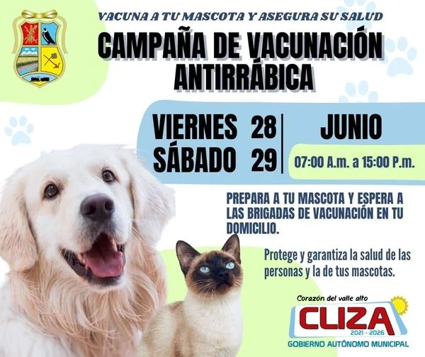 CAMPAÑA DE VACUNACIÓN ANTIRRÁBICA CANINA FELINA, en Cochabamba, el 28 y 29-junio
